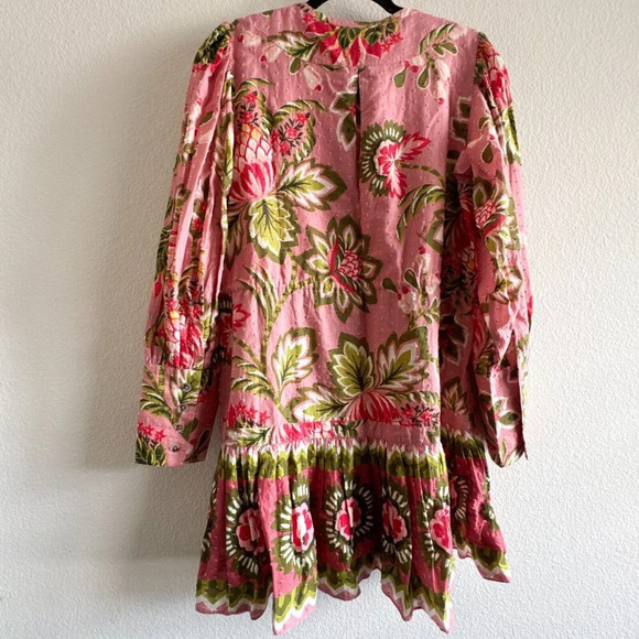 Farm Rio New Aura Floral Pink Tiered Mini Peasant Dress Medium Long Sleeve - Picture 12 of 15
